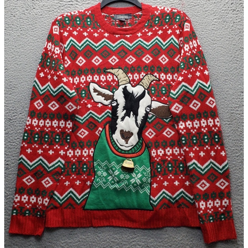 Vintage 33 Degrees Ugly Christmas Sweater Unisex Large Fair Isle Goat Crew Neck
